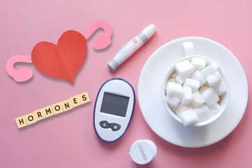 A blood glucose monitor, sugar cubes in a teacup, and hormone-themed cutouts on a pink background representing the connection between blood sugar, hormones, and PCOS.