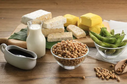Fermented soy foods and soy-based products like tempeh, tofu, edamame, soy milk, and soybeans – natural sources of phytoestrogens for hormone health.