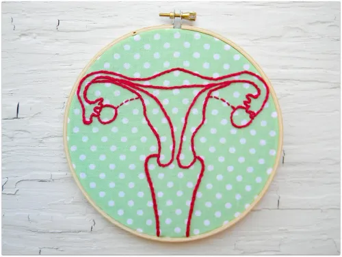 Medical illustration of a uterus with stitch detailing, representing endometriosis treatment and management